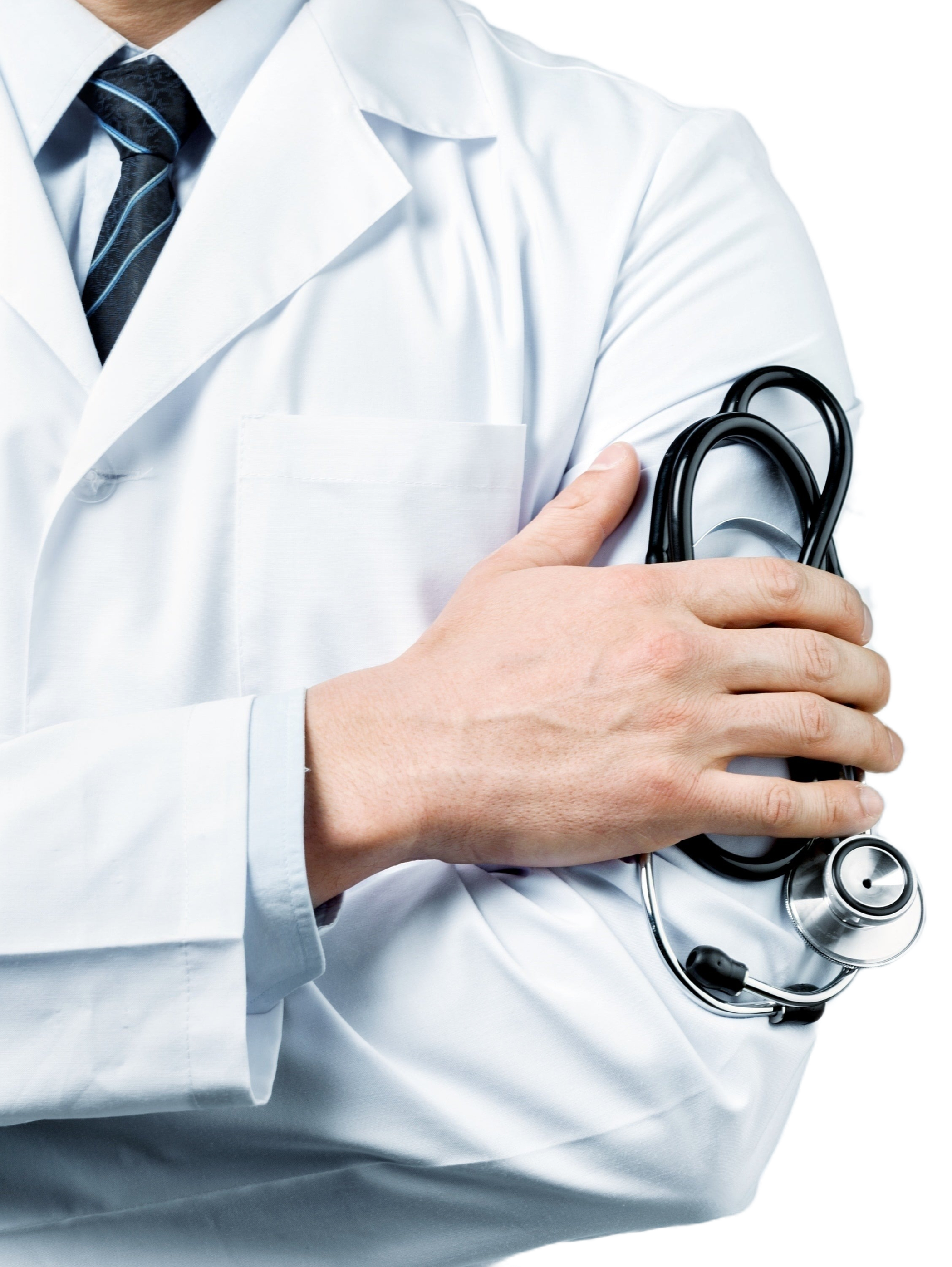 Confident male doctor holding a stethoscope across his chest wearing a white medical coat and tie
